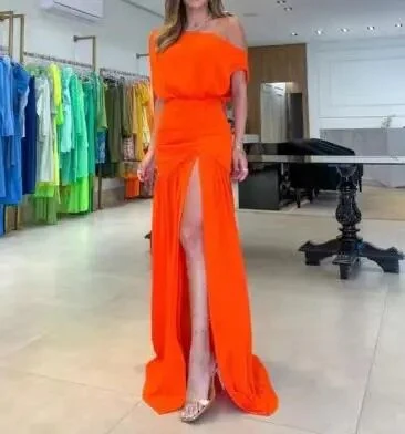 Street Trendsetter Off-The-Shoulder Short-Sleeved Slit Floor Mopping Resort Dress Female Elegant French Retro Sweet Long Dresses - Image 9