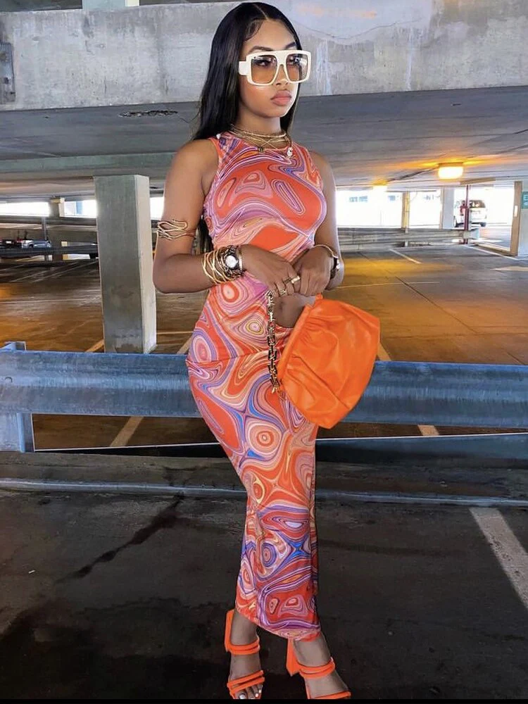 Streetwear Graphic Print Body-shaping Dress Female Waist Band Cut Out Sleeveless Vestidos Hip Hop Summer Birthday Wrap Vestidos - Image 7