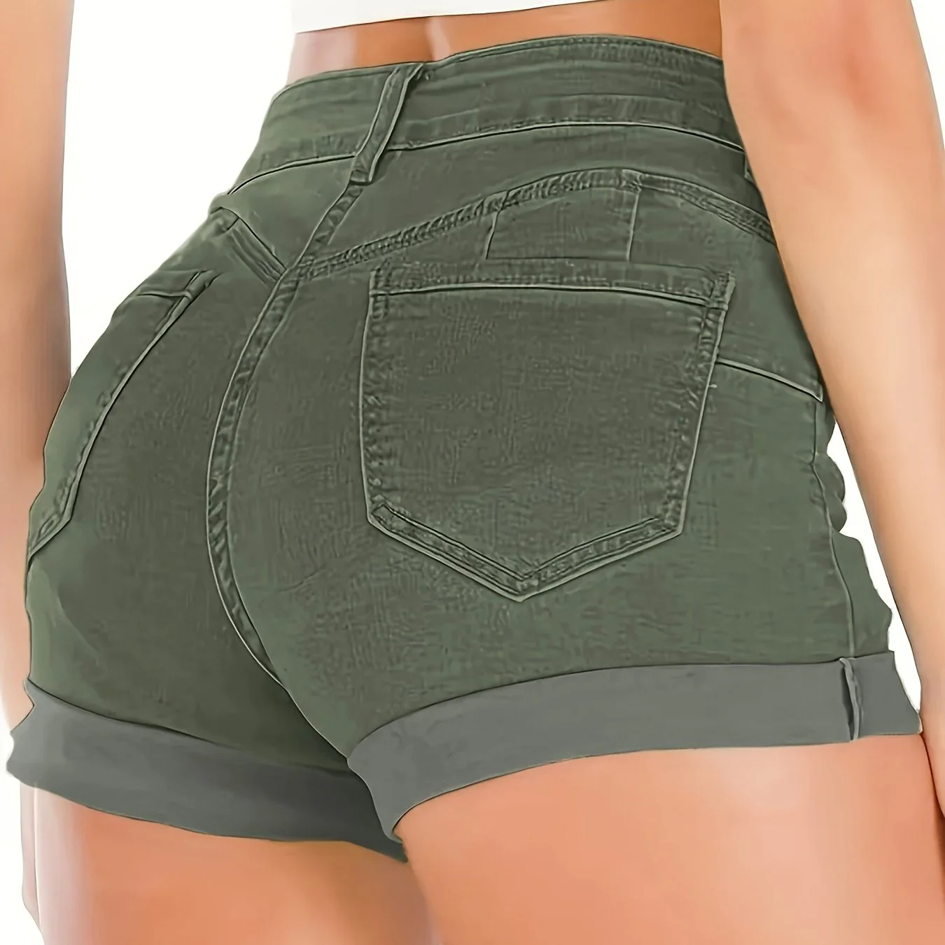 Stretchy High-Rise Denim Shorts for Women - Casual Geometric-Pattern with Roll-Up Hem, Easy Care & Summer-Ready - Image 13