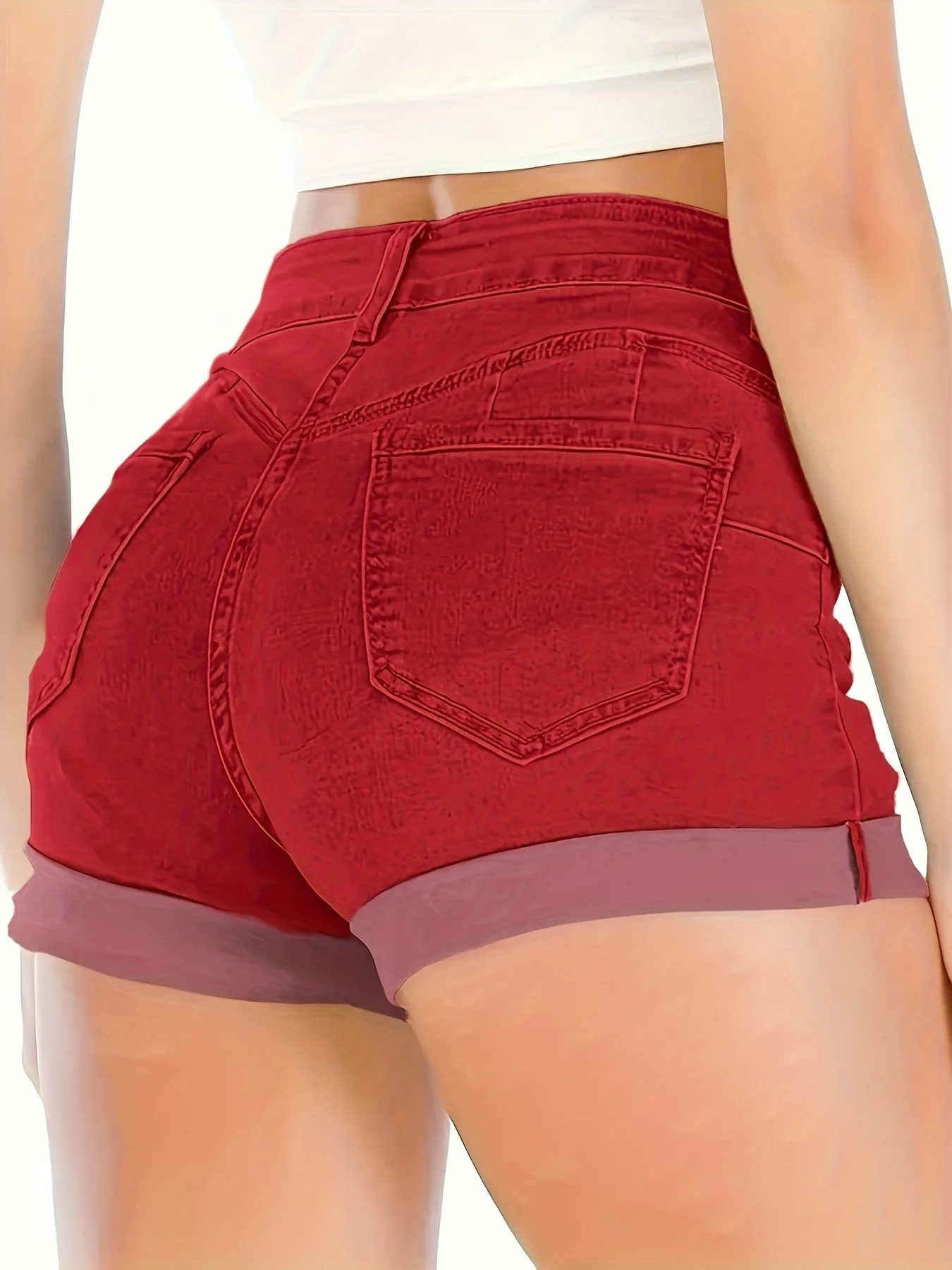 Stretchy High-Rise Denim Shorts for Women - Casual Geometric-Pattern with Roll-Up Hem, Easy Care & Summer-Ready - Image 3