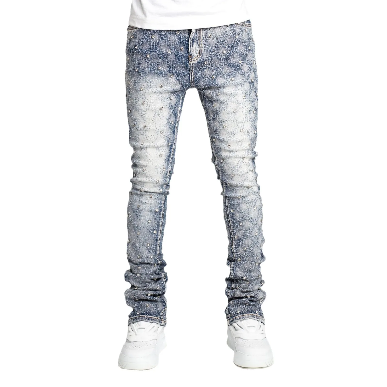 Stretchy Personality Stacked Denim Pants 2024 New Fashion Pearls Fashion Rhinestone European Street Skinny Jeans For Men - Image 8