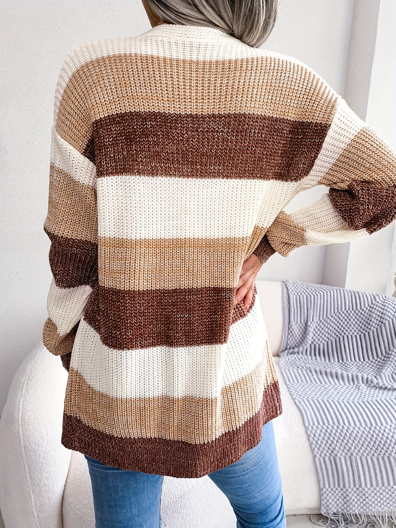 Striped Colorblock V-neck Cardigans, Casual Loose Drop Shoulder Long Sleeve Fall Winter Knit Cardigan, Women's Clothing - Image 7
