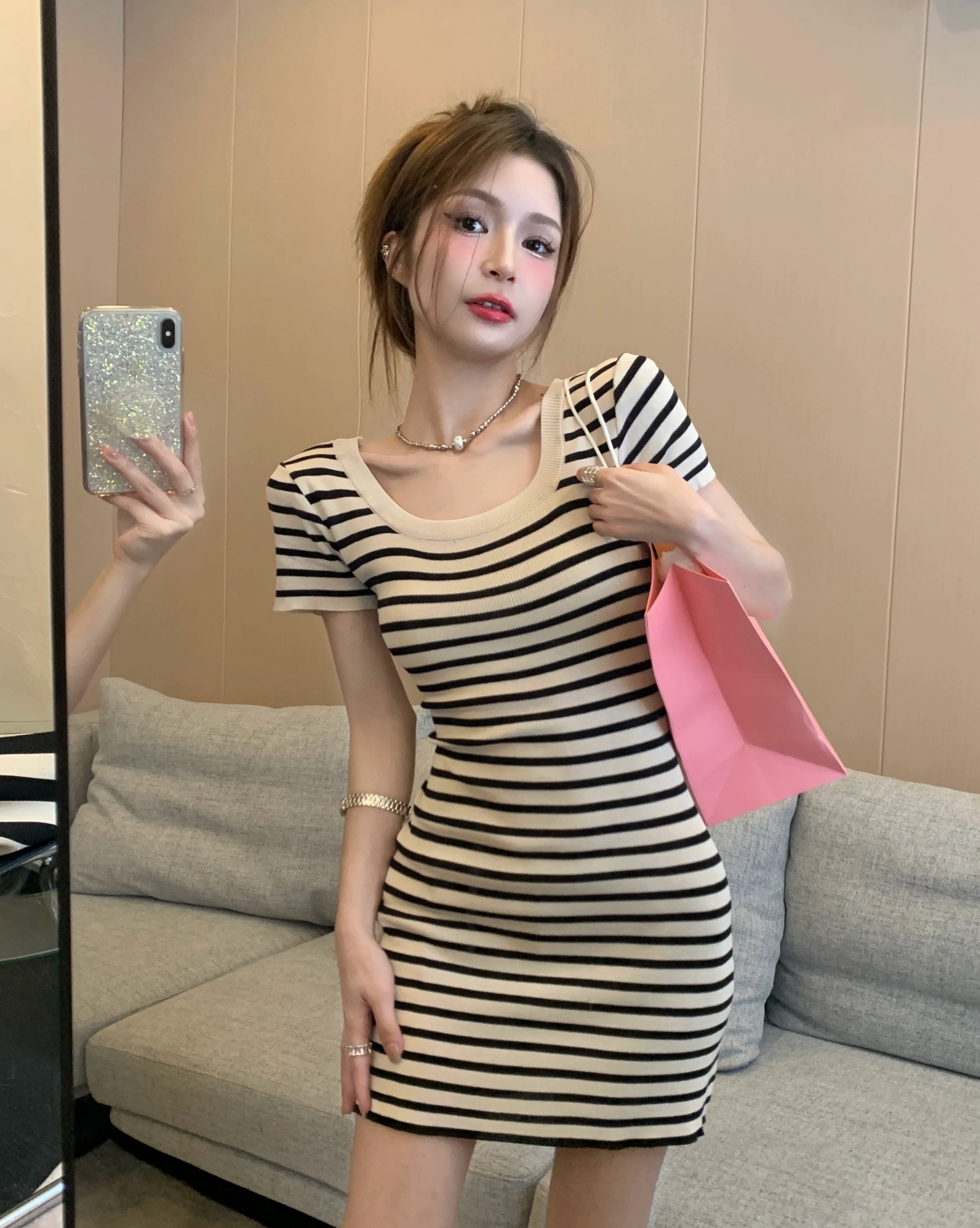 Stripes Summer Elegant Square Collar Slimming Short Sleeve Dress - Image 3