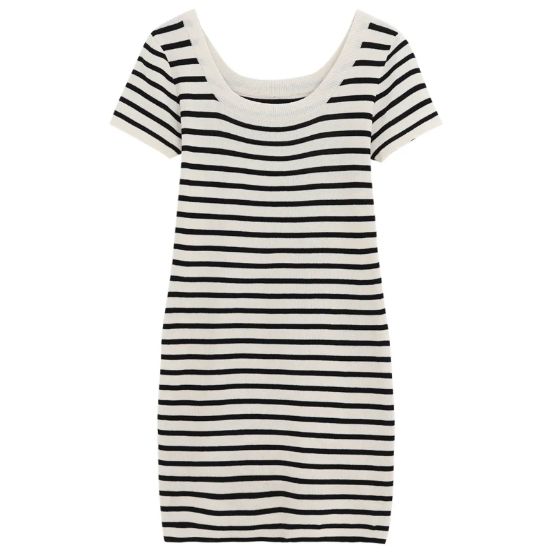 Stripes Summer Elegant Square Collar Slimming Short Sleeve Dress - Image 5
