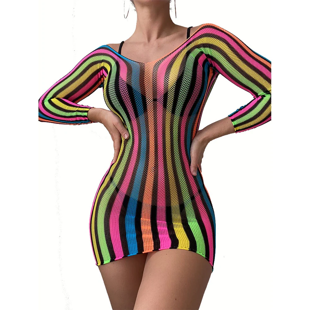 Stunning Fish Net Teddy Dress Semi-Sheer Rainbow Striped Party Dress Women Lingerie Dresses - Image 2