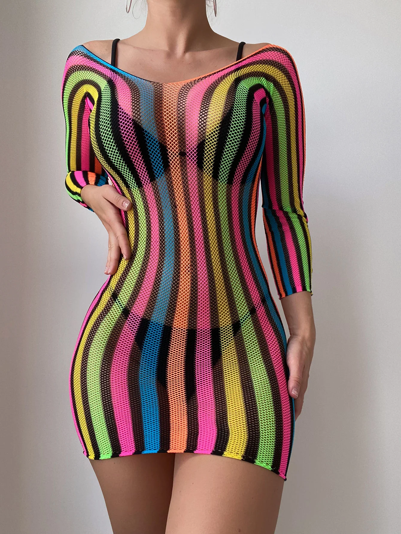 Stunning Fish Net Teddy Dress Semi-Sheer Rainbow Striped Party Dress Women Lingerie Dresses - Image 4