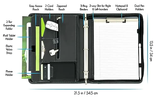 STYLIO Zipper Portfolio Binder | Padfolio 3 Ring Binder and Clipboard Folio (removable) | Portfolio Organizer for Documents, iPad, Tablet, Phone |Faux Leather Binder for Men and Women. Notebook Binder - Image 6