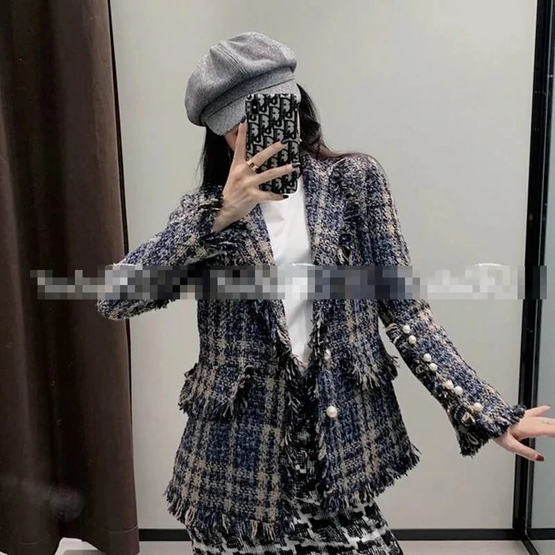 Stylish Chic Tassels Tweed Jacket Women 2023 Fashion Turn-down Collar Single Breasted Pockets Coat Female Casual Outerwear Y877 - Image 2