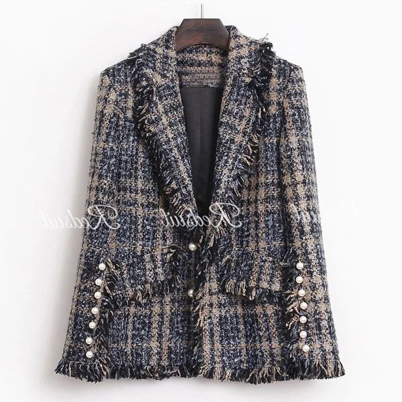 Stylish Chic Tassels Tweed Jacket Women 2023 Fashion Turn-down Collar Single Breasted Pockets Coat Female Casual Outerwear Y877 - Image 5