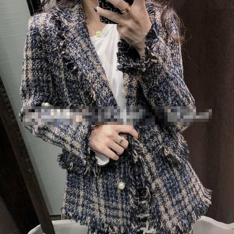 Stylish Chic Tassels Tweed Jacket Women 2023 Fashion Turn-down Collar Single Breasted Pockets Coat Female Casual Outerwear Y877 - Image 6