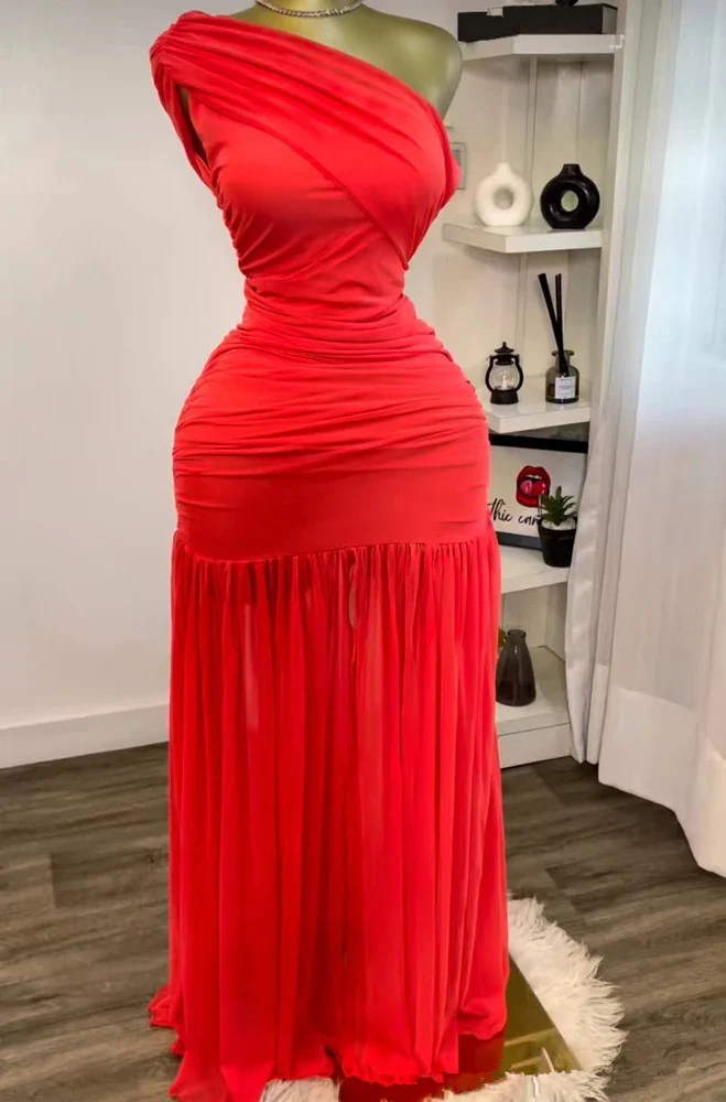 Stylish Evening Sexy Club Party Holiday Maxi Dress for Women Elegant Skew Neck One Sleeve Off Shoulder Mesh Slit Long Dresses - Image 7