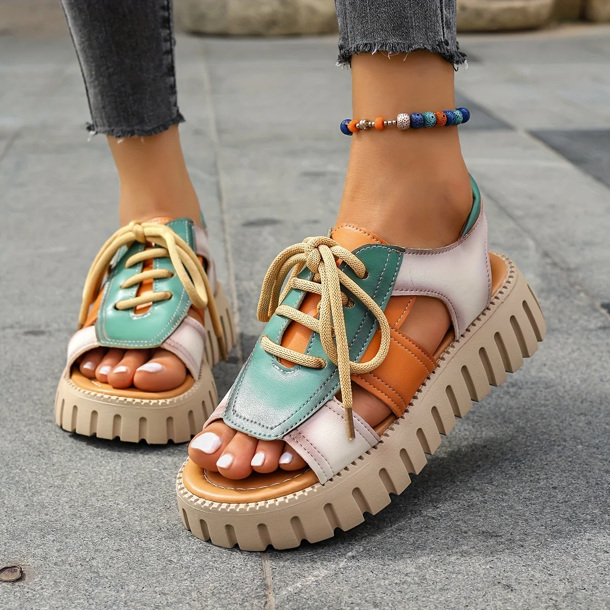 Stylish Summer Platform Sandals for Women - Comfy Cutout, Open-Toe Lace-Up, Casual Beach-Ready Footwear - Image 2