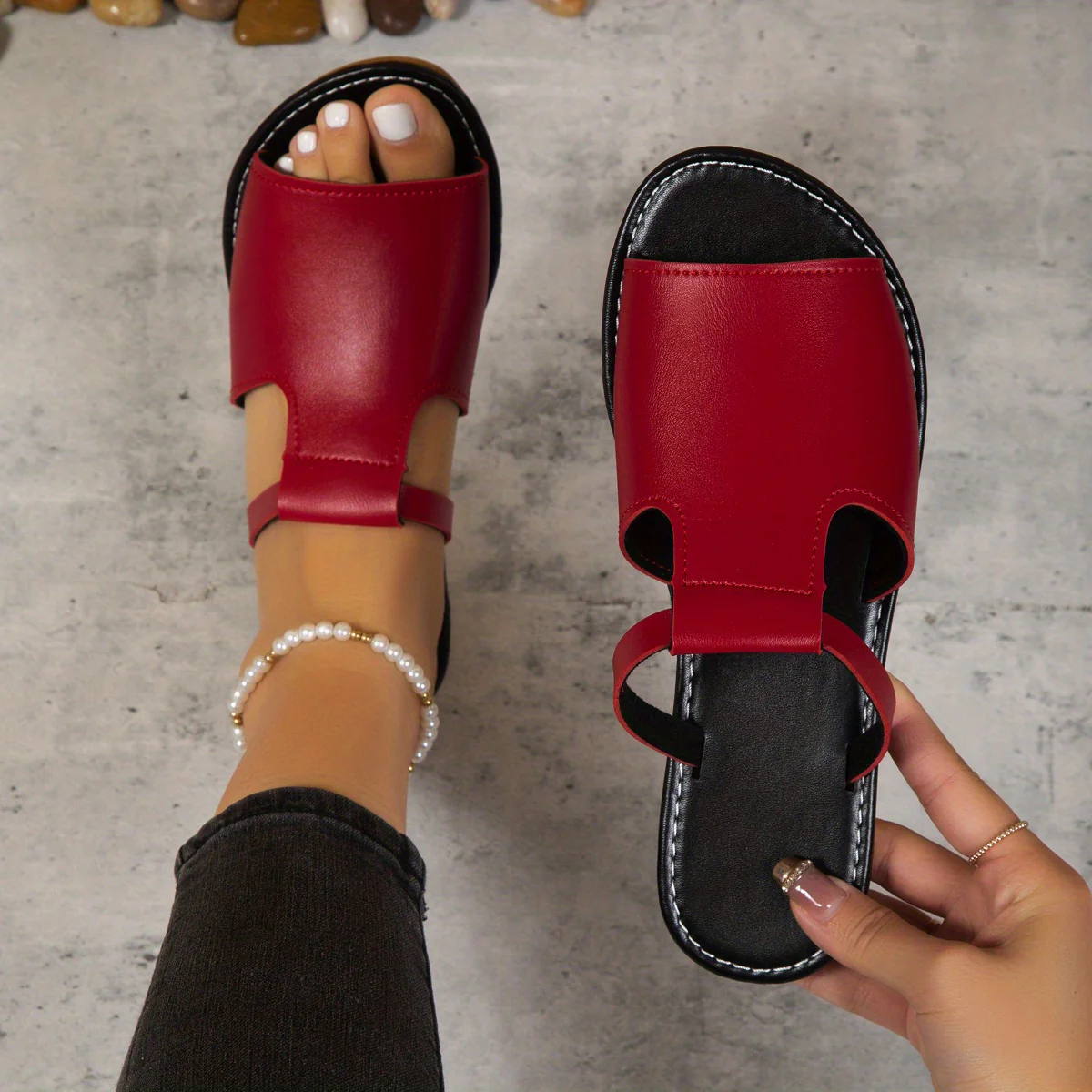 Stylish Womens Flat Slide Sandals - Soft Faux Leather, Slip-On Design, Lightweight, Breathable, Rubber Sole, Open Toe, Mary-Jane Strap - Perfect for Outdoor Activities and Casual Occasions - Image 12