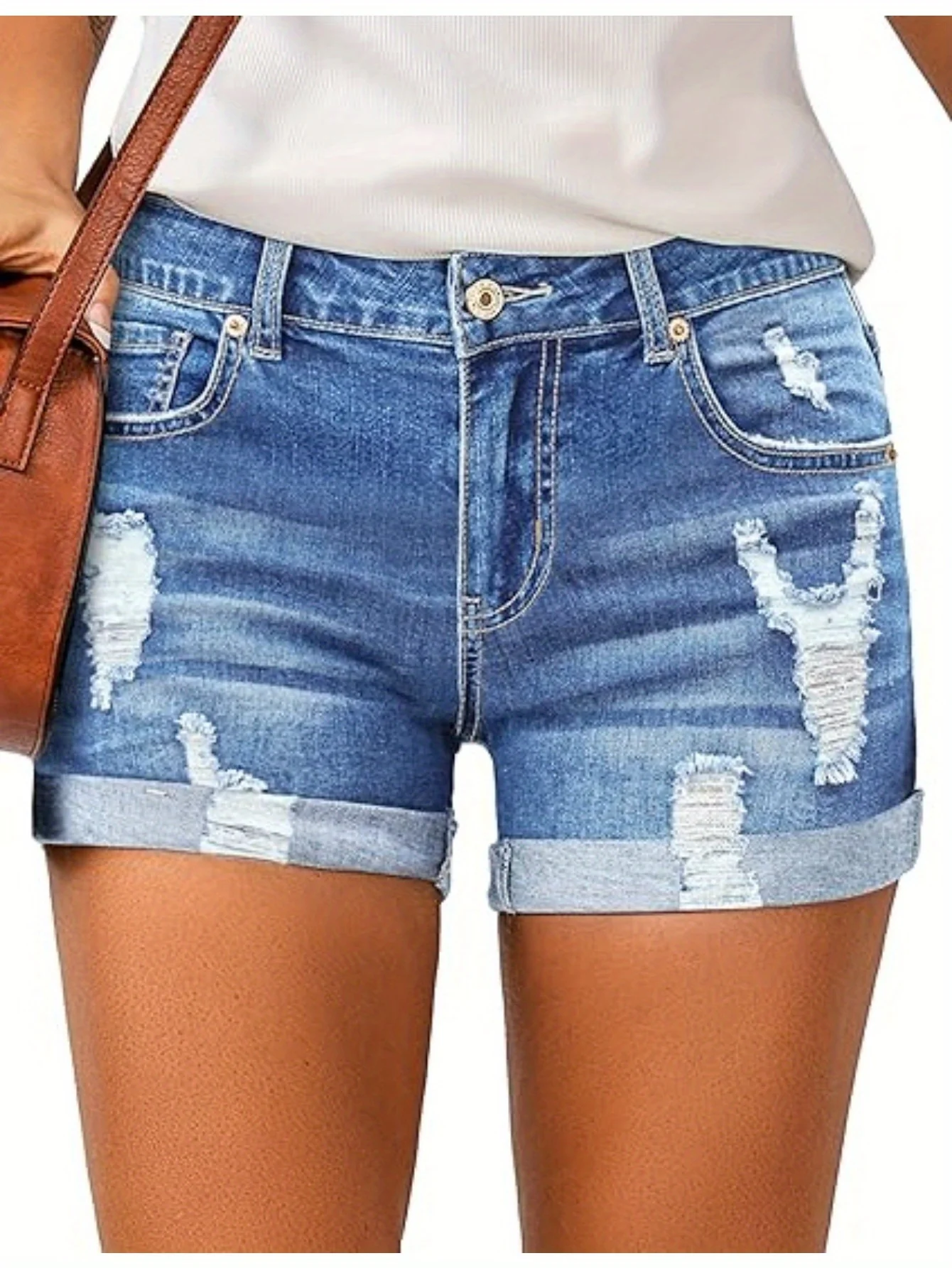 Stylish Womens High-Waisted Denim Shorts - Comfortable Rolled Hem, Ripped and Distressed Design, Breathable Summer Fashion, Blue Jean Shorts for Casual Outdoor Activities - Image 3