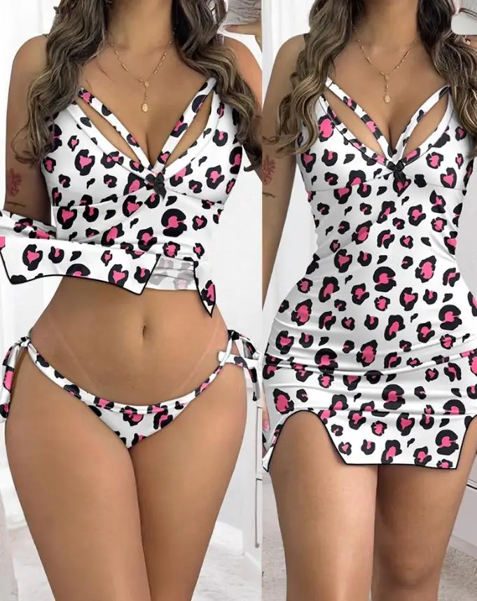 Summer 2 Pieces Outfit Spaghetti Strap Bowknot Decor Tank Top and Casual Floral Print Skinny Shorts Set Casual Home Pajama Set - Image 6