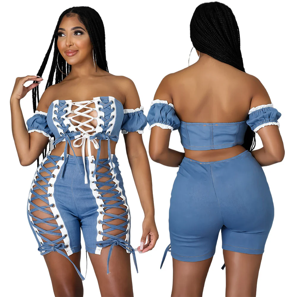 Summer 2022 Women's Clothing Solid Lace up 2 Piece Shorts Set Casual Outfits for Woman Jeans One Shoulder Two Pieces Set