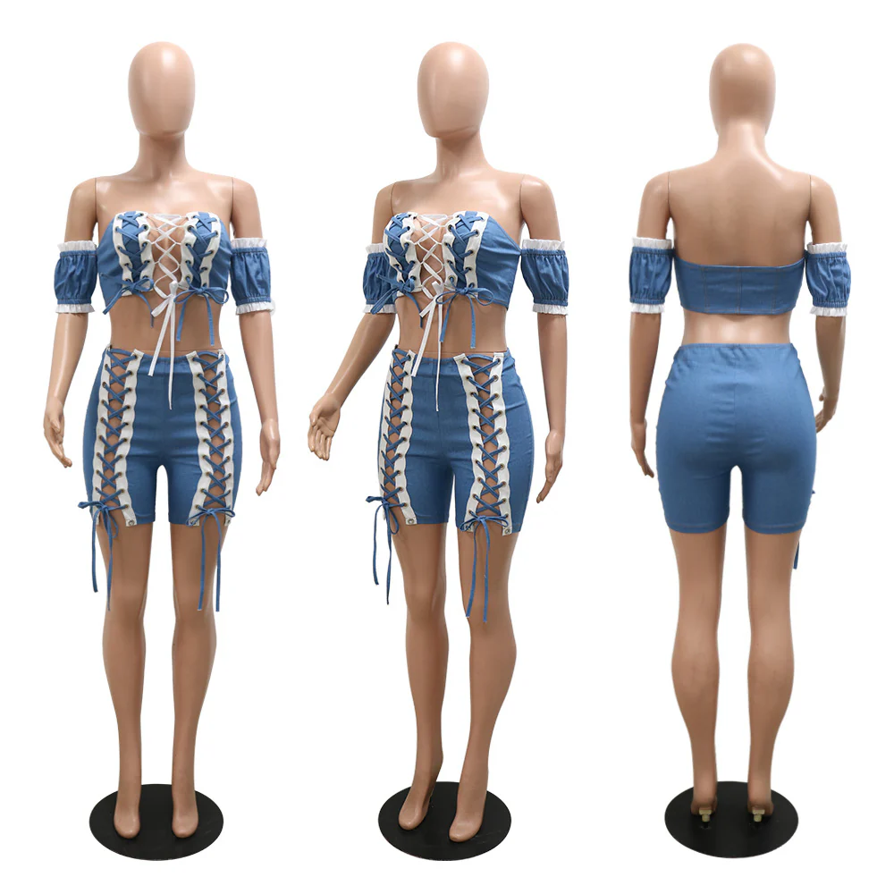 Summer 2022 Women's Clothing Solid Lace up 2 Piece Shorts Set Casual Outfits for Woman Jeans One Shoulder Two Pieces Set - Image 7