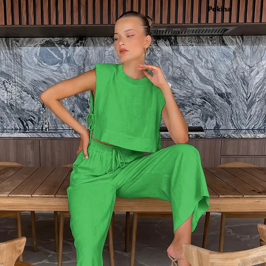 Summer 2023 Women Holiday Linen Pant Set Crop Tops Solid Outfits 2 Two Piece Matching Set For Women Sleeveless Casuals Fashion - Image 10