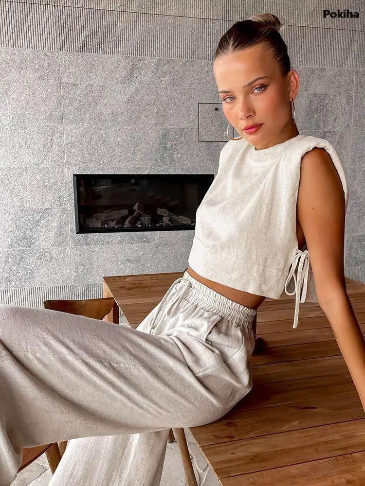 Summer 2023 Women Holiday Linen Pant Set Crop Tops Solid Outfits 2 Two Piece Matching Set For Women Sleeveless Casuals Fashion - Image 2