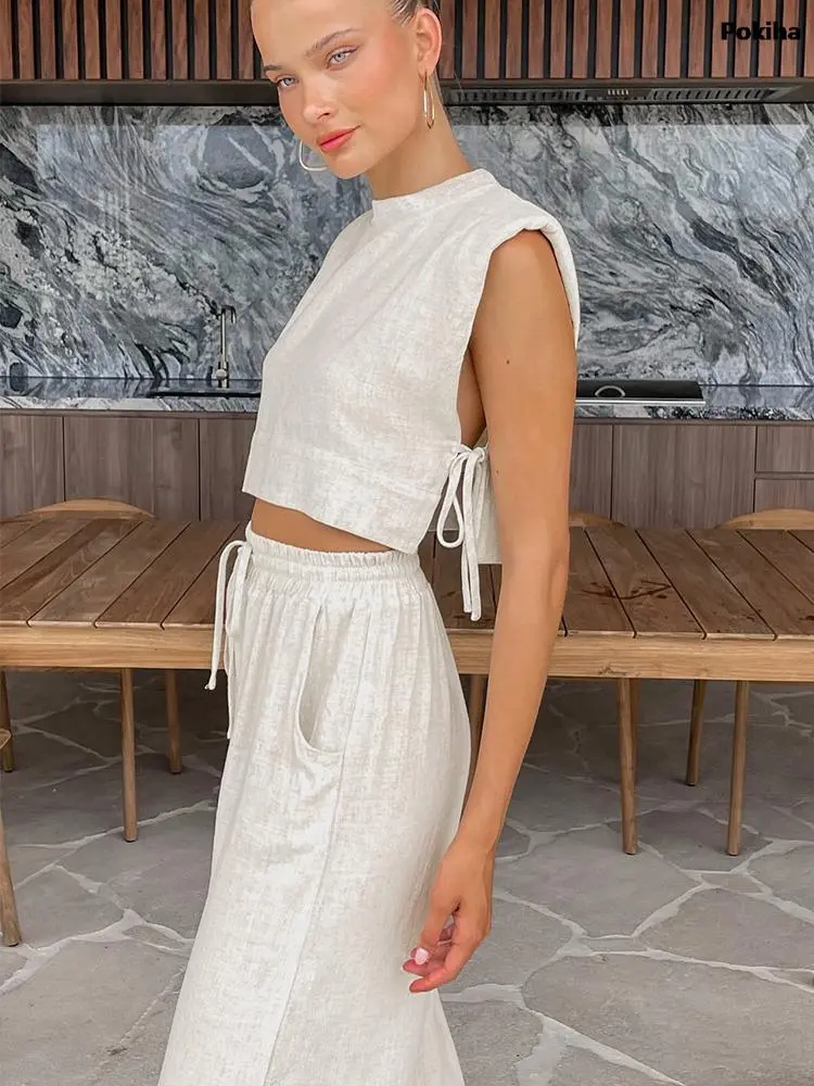 Summer 2023 Women Holiday Linen Pant Set Crop Tops Solid Outfits 2 Two Piece Matching Set For Women Sleeveless Casuals Fashion - Image 3