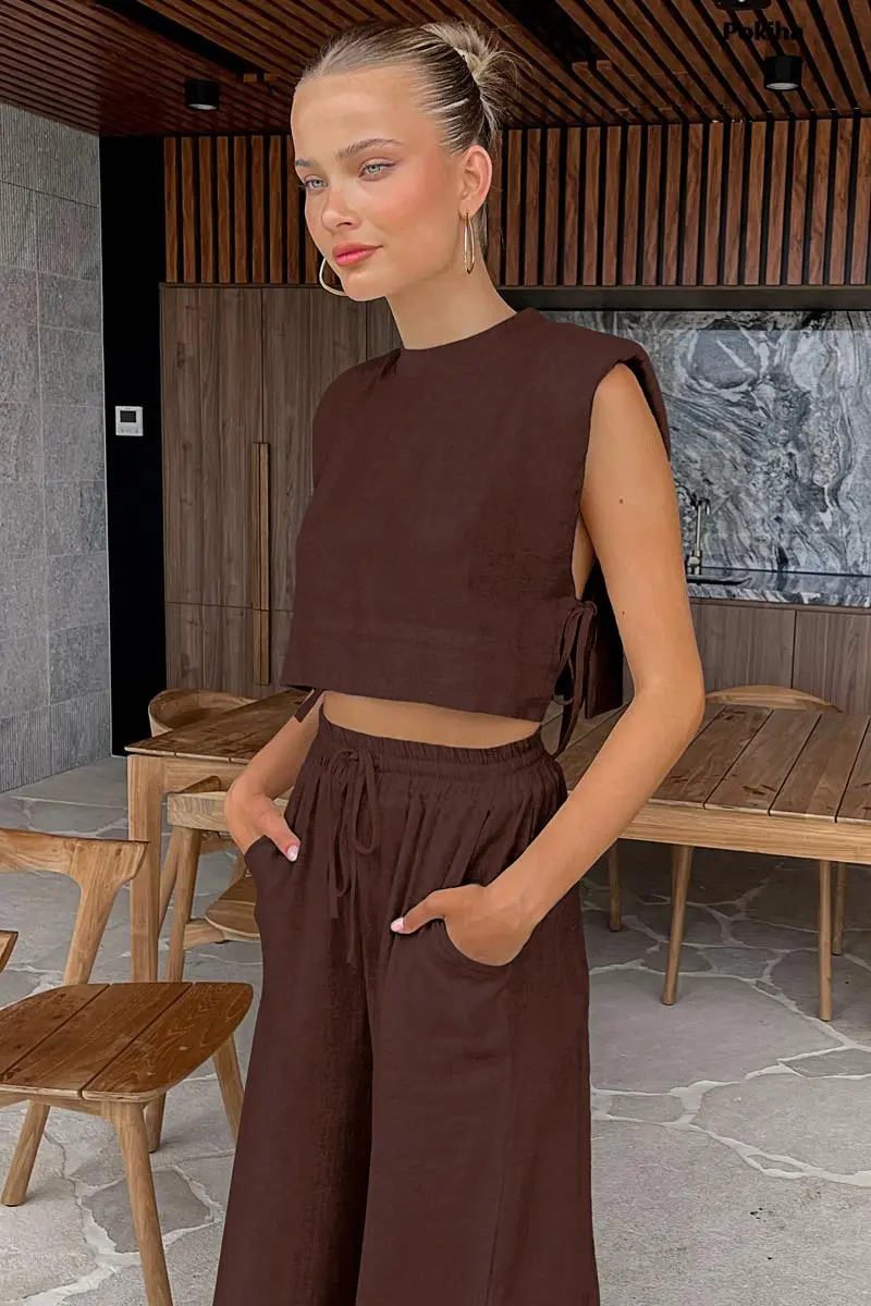 Summer 2023 Women Holiday Linen Pant Set Crop Tops Solid Outfits 2 Two Piece Matching Set For Women Sleeveless Casuals Fashion - Image 7