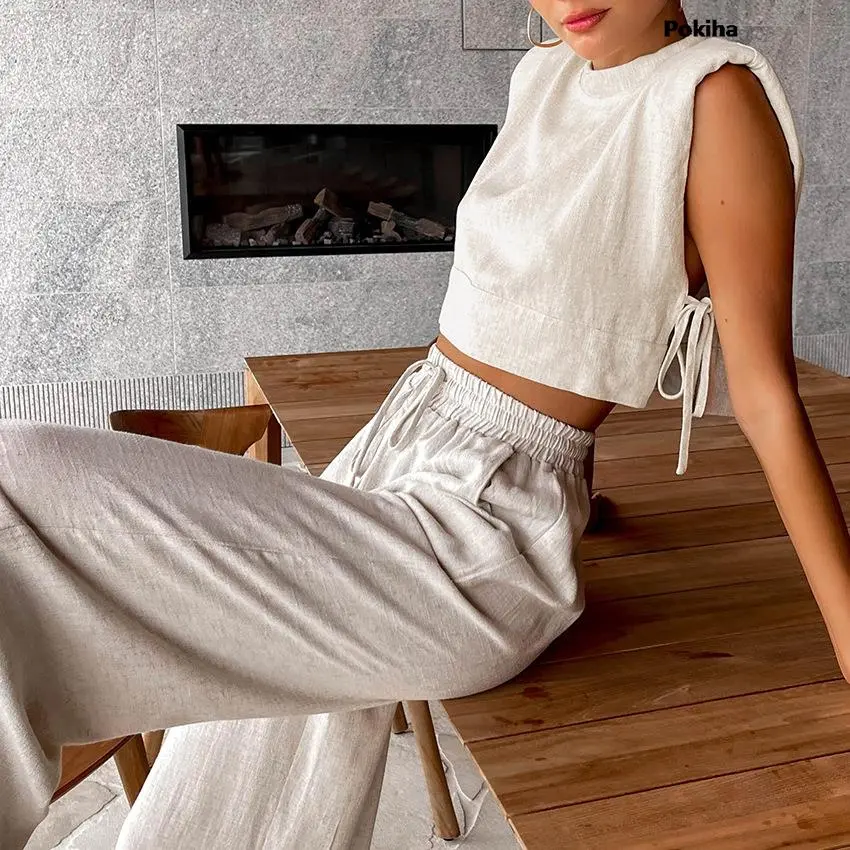Summer 2023 Women Holiday Linen Pant Set Crop Tops Solid Outfits 2 Two Piece Matching Set For Women Sleeveless Casuals Fashion - Image 8