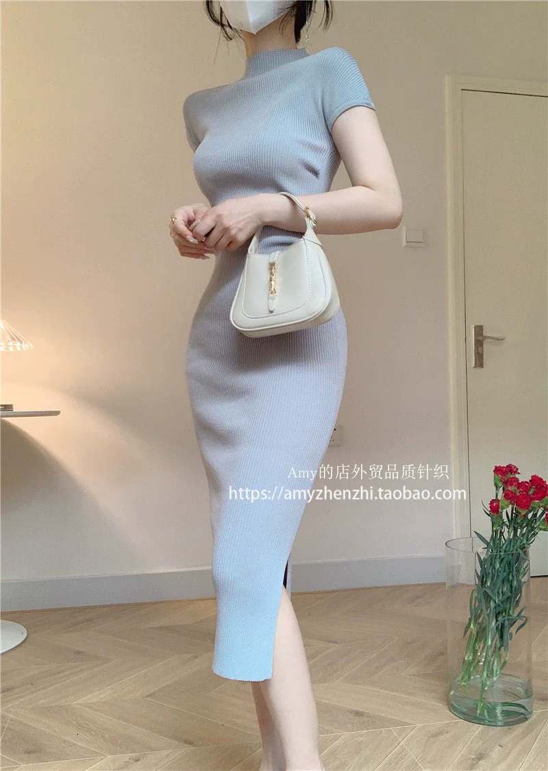 Summer 2024 Women Tight Slim fit Sheath Sexy Temperament Slimming Bottoming Knitted Ice Silk Dress Split Skirts - Image 7
