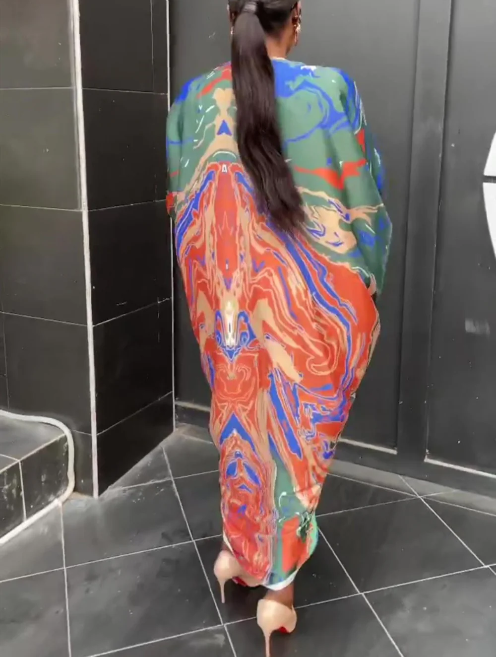 Summer African Printed Maxi Dress Women Causal V Neck Flare Ruffle Sleeve Loose Fit Ruched Front Slit Party Club Long Dress - Image 10