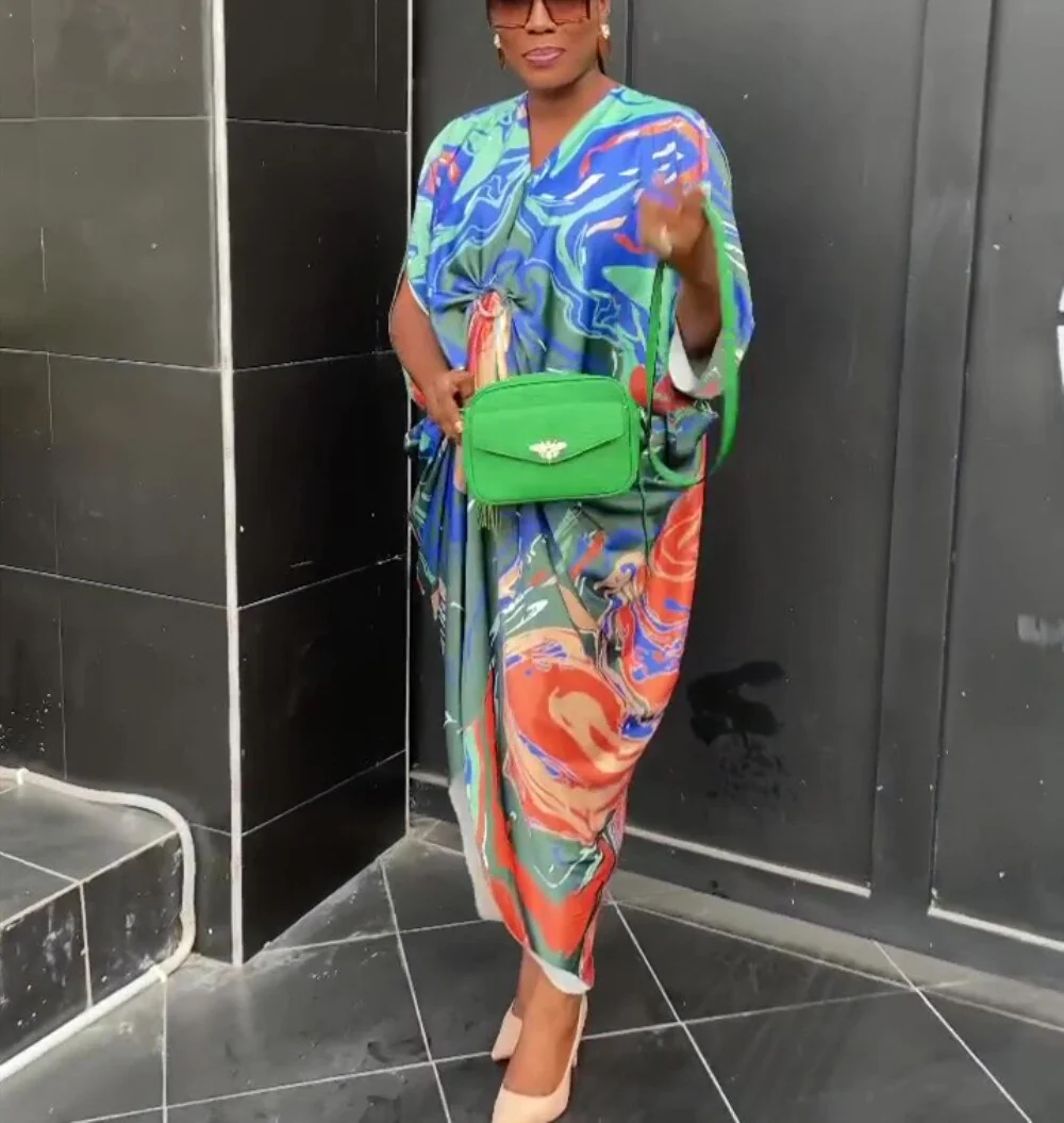Summer African Printed Maxi Dress Women Causal V Neck Flare Ruffle Sleeve Loose Fit Ruched Front Slit Party Club Long Dress - Image 2