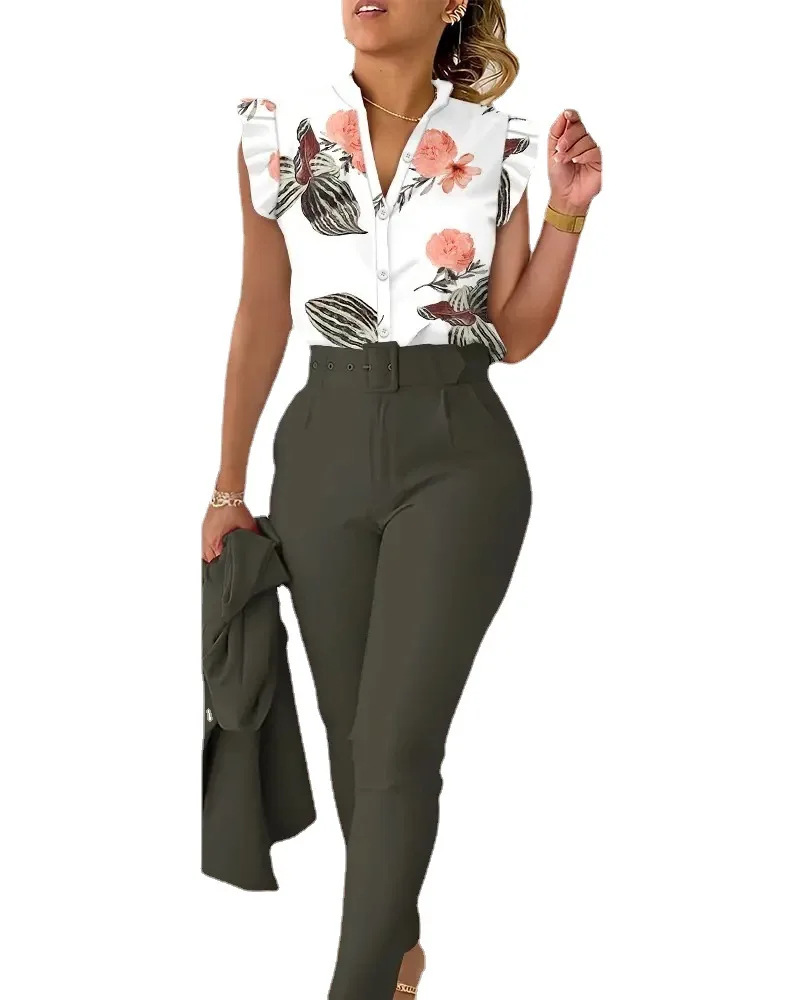 Summer African Women Short Sleeve V-neck Polyester 2 Piece Top Long Pant Printing Matching Sets Dashiki African Clothes - Image 2