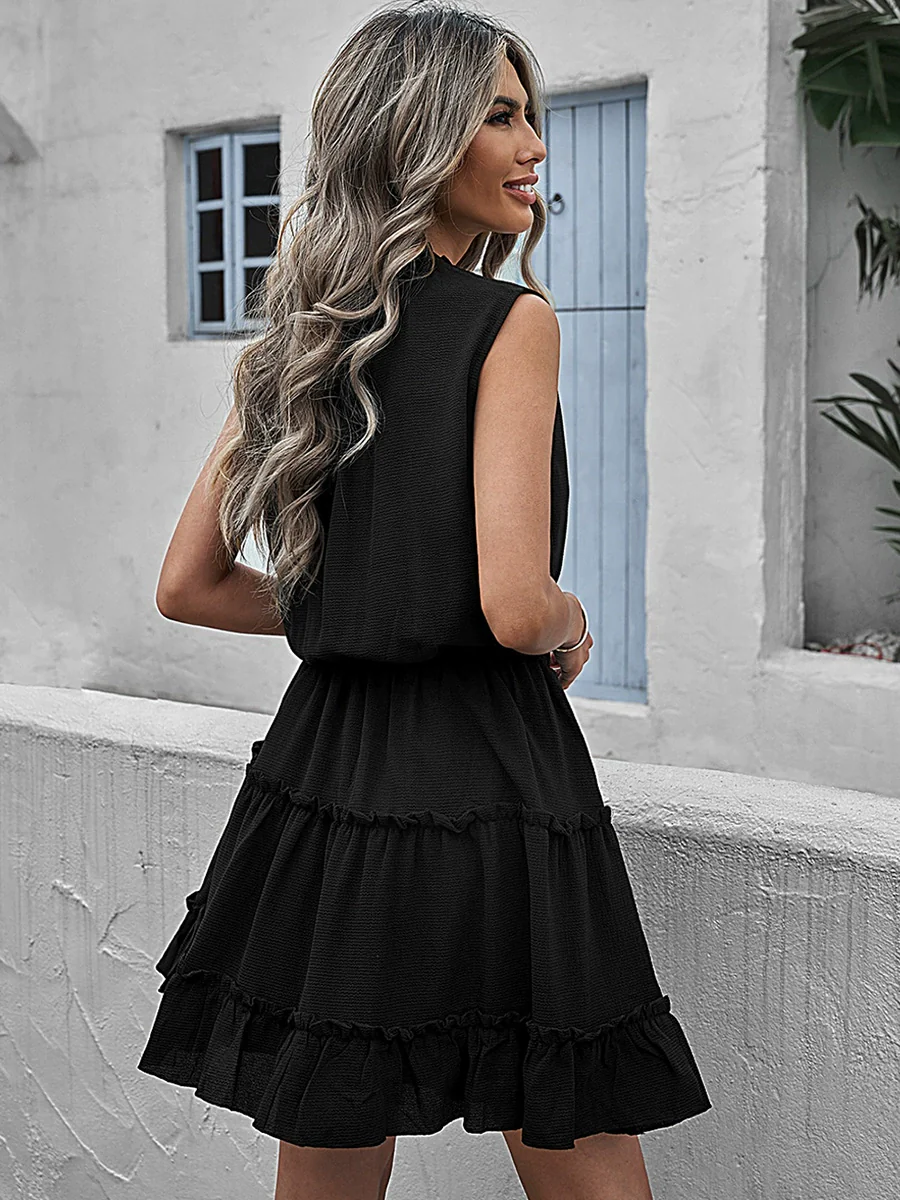 Summer Black Niche Style Pullover V-neck Sleeveless Dress - Image 3