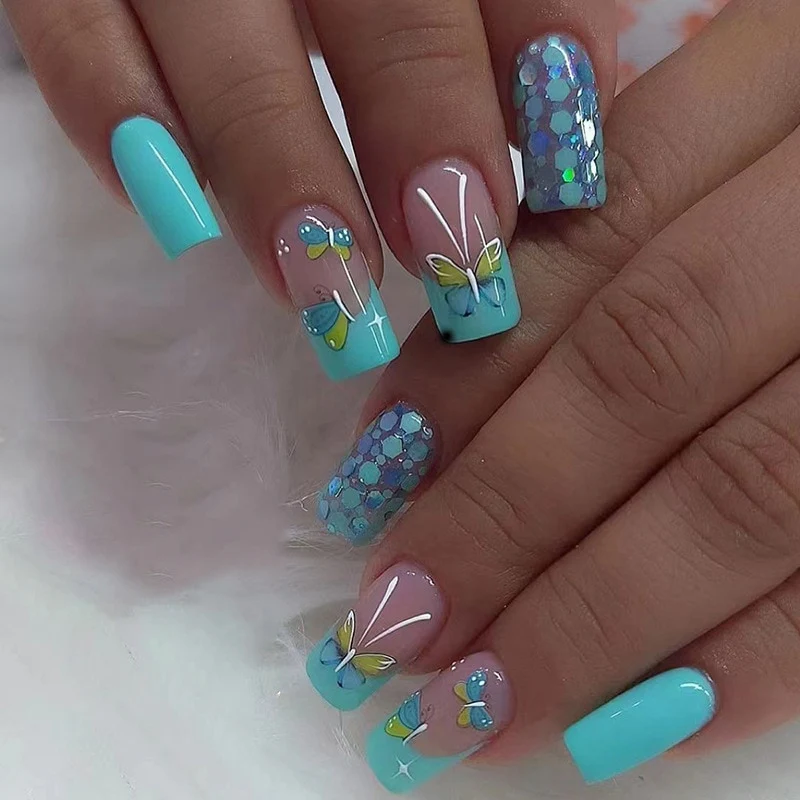 Summer Blue Green Butterfly Nail Art Square False Nails Love Design Fake Nails Fake Fingernails Full Cover Press on Nails 24Pcs