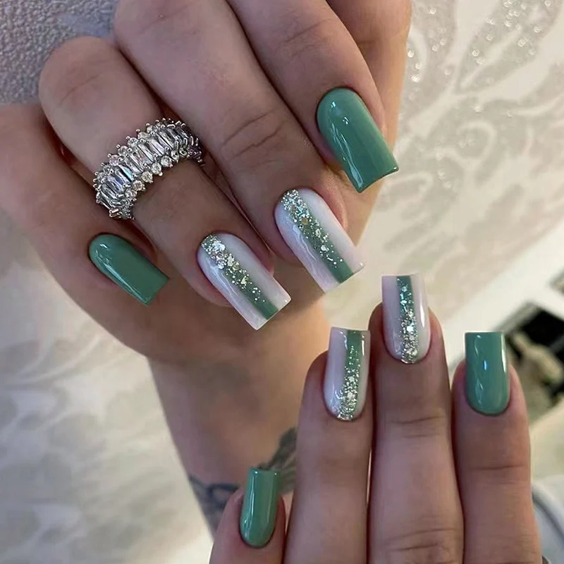 Summer Blue Green Butterfly Nail Art Square False Nails Love Design Fake Nails Fake Fingernails Full Cover Press on Nails 24Pcs - Image 11