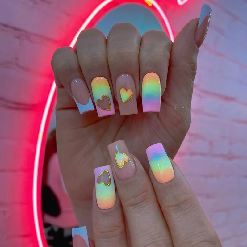 Summer Blue Green Butterfly Nail Art Square False Nails Love Design Fake Nails Fake Fingernails Full Cover Press on Nails 24Pcs - Image 14
