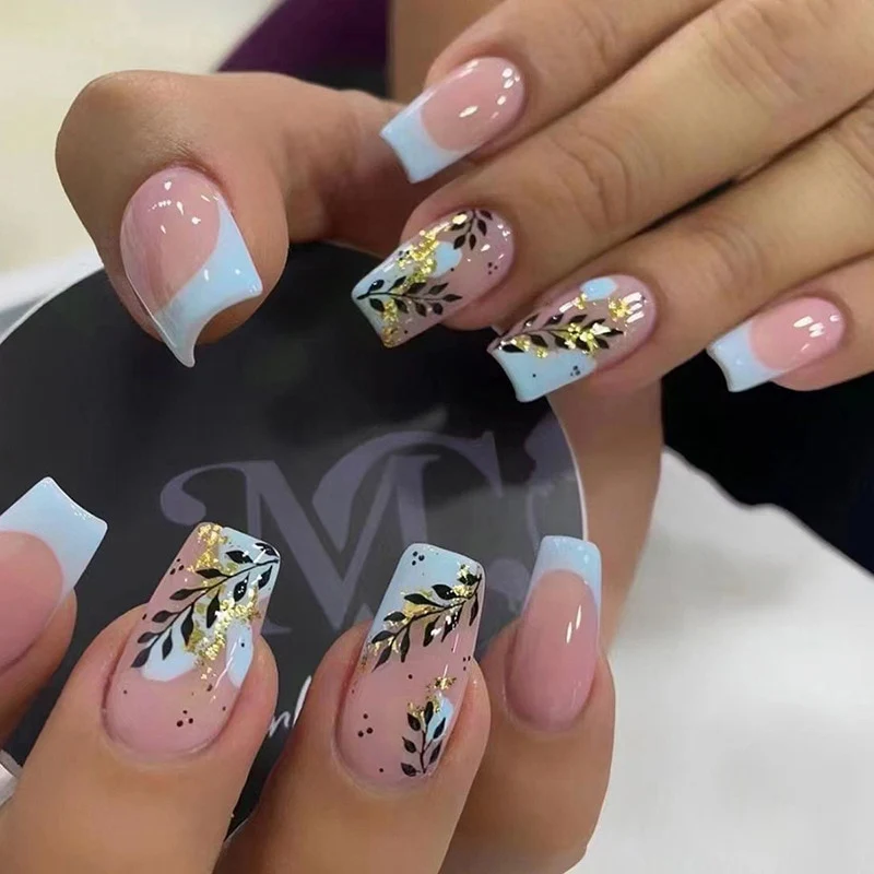 Summer Blue Green Butterfly Nail Art Square False Nails Love Design Fake Nails Fake Fingernails Full Cover Press on Nails 24Pcs - Image 15