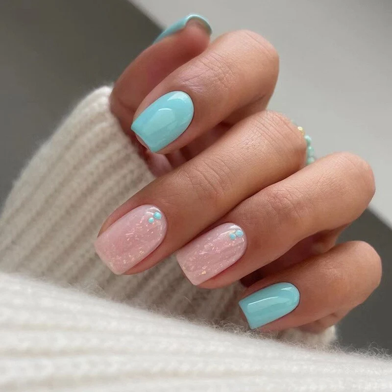 Summer Blue Green Butterfly Nail Art Square False Nails Love Design Fake Nails Fake Fingernails Full Cover Press on Nails 24Pcs - Image 17