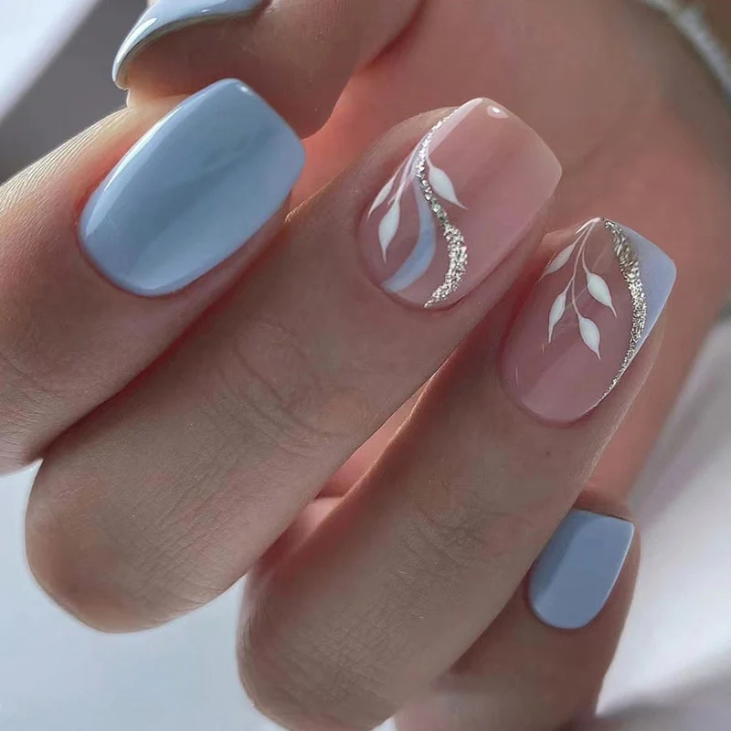 Summer Blue Green Butterfly Nail Art Square False Nails Love Design Fake Nails Fake Fingernails Full Cover Press on Nails 24Pcs - Image 21
