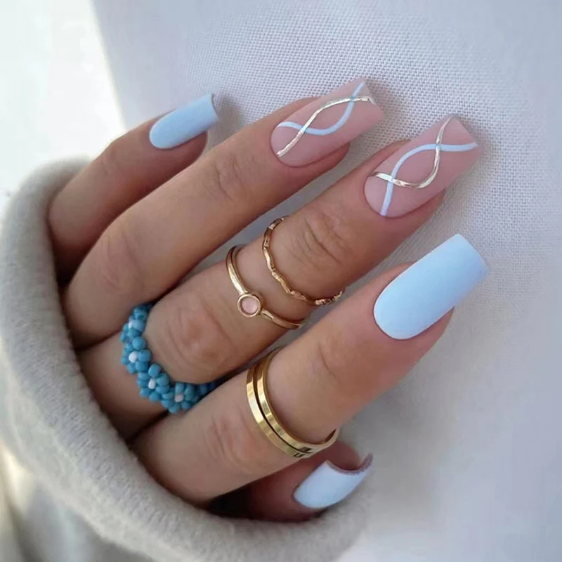 Summer Blue Green Butterfly Nail Art Square False Nails Love Design Fake Nails Fake Fingernails Full Cover Press on Nails 24Pcs - Image 23