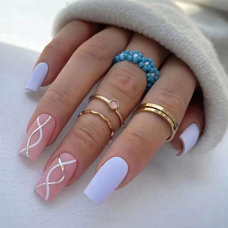 Summer Blue Green Butterfly Nail Art Square False Nails Love Design Fake Nails Fake Fingernails Full Cover Press on Nails 24Pcs - Image 24