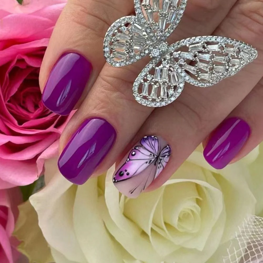 Summer Blue Green Butterfly Nail Art Square False Nails Love Design Fake Nails Fake Fingernails Full Cover Press on Nails 24Pcs - Image 26