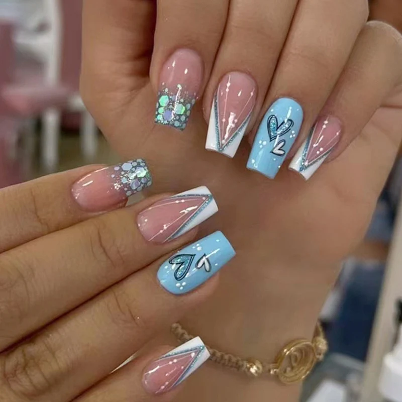 Summer Blue Green Butterfly Nail Art Square False Nails Love Design Fake Nails Fake Fingernails Full Cover Press on Nails 24Pcs - Image 28