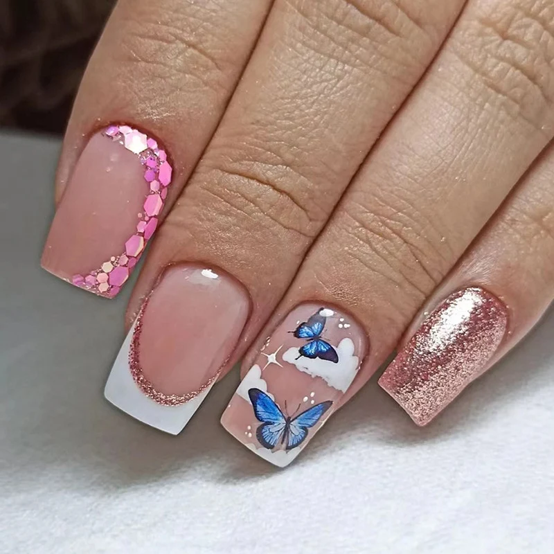 Summer Blue Green Butterfly Nail Art Square False Nails Love Design Fake Nails Fake Fingernails Full Cover Press on Nails 24Pcs - Image 29