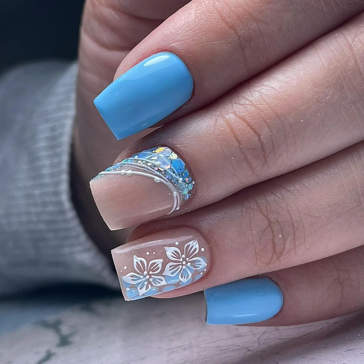 Summer Blue Green Butterfly Nail Art Square False Nails Love Design Fake Nails Fake Fingernails Full Cover Press on Nails 24Pcs - Image 3