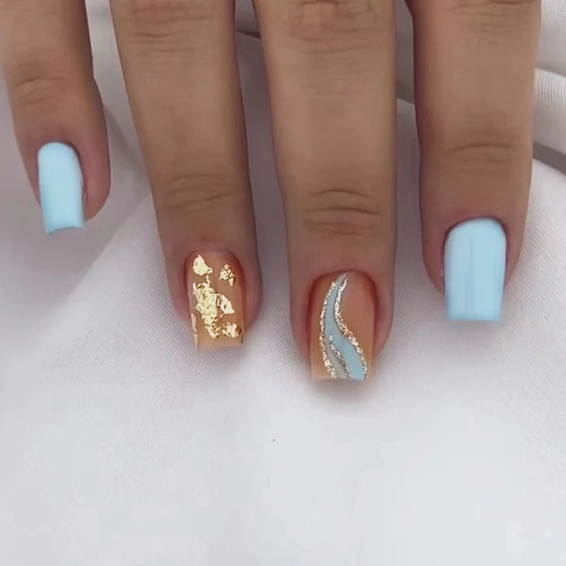 Summer Blue Green Butterfly Nail Art Square False Nails Love Design Fake Nails Fake Fingernails Full Cover Press on Nails 24Pcs - Image 30
