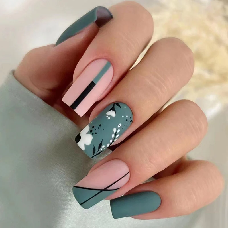 Summer Blue Green Butterfly Nail Art Square False Nails Love Design Fake Nails Fake Fingernails Full Cover Press on Nails 24Pcs - Image 31
