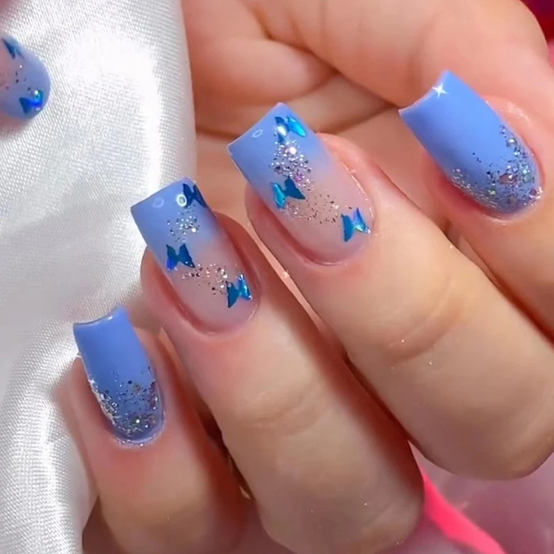 Summer Blue Green Butterfly Nail Art Square False Nails Love Design Fake Nails Fake Fingernails Full Cover Press on Nails 24Pcs - Image 32
