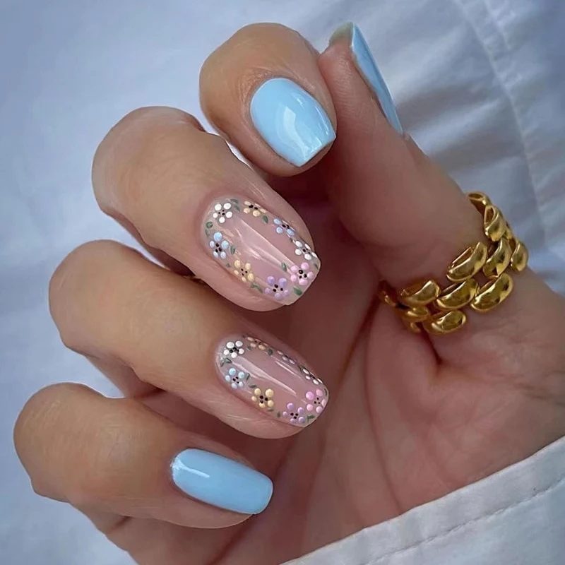 Summer Blue Green Butterfly Nail Art Square False Nails Love Design Fake Nails Fake Fingernails Full Cover Press on Nails 24Pcs - Image 36