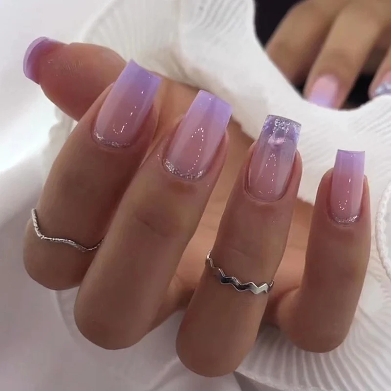 Summer Blue Green Butterfly Nail Art Square False Nails Love Design Fake Nails Fake Fingernails Full Cover Press on Nails 24Pcs - Image 38