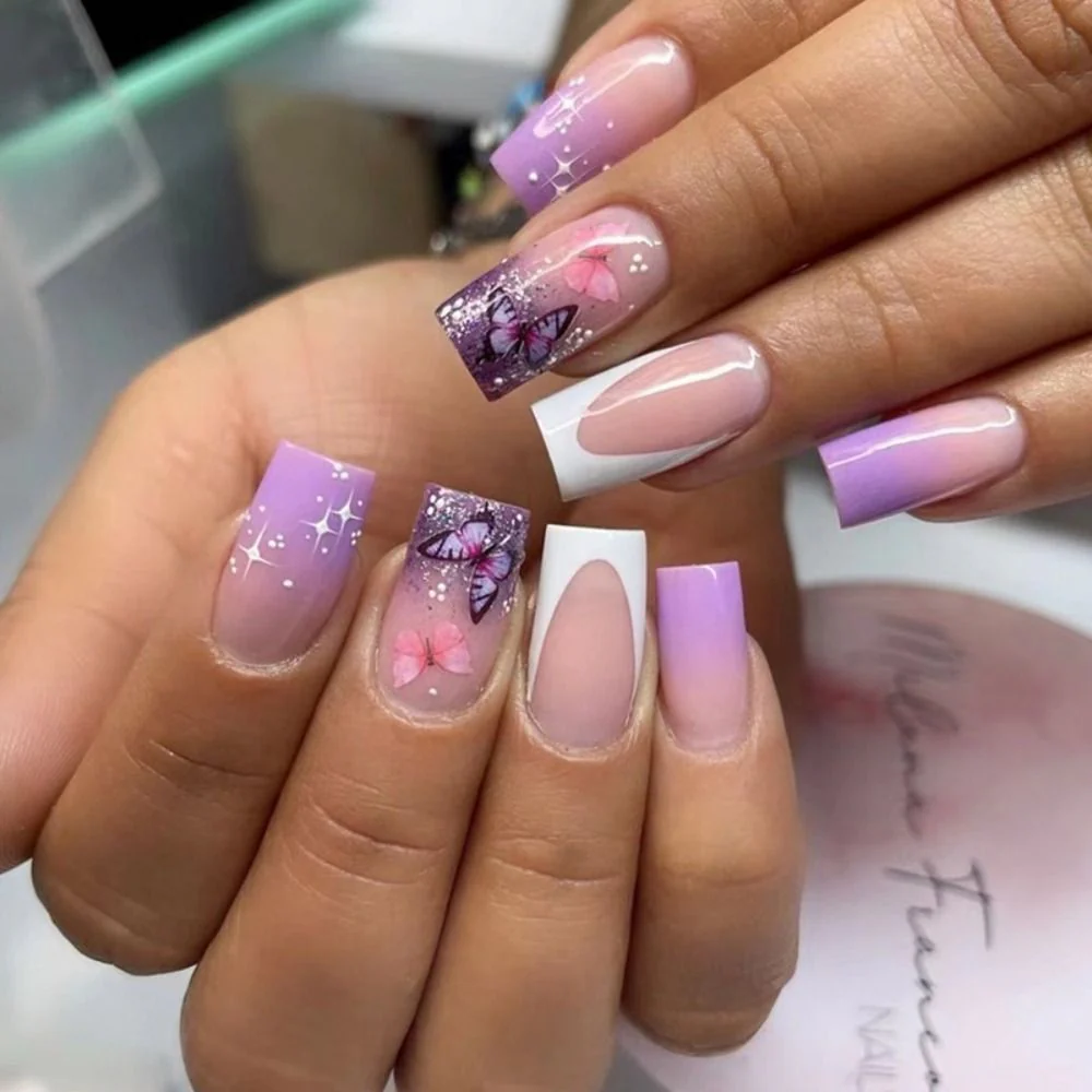 Summer Blue Green Butterfly Nail Art Square False Nails Love Design Fake Nails Fake Fingernails Full Cover Press on Nails 24Pcs - Image 39