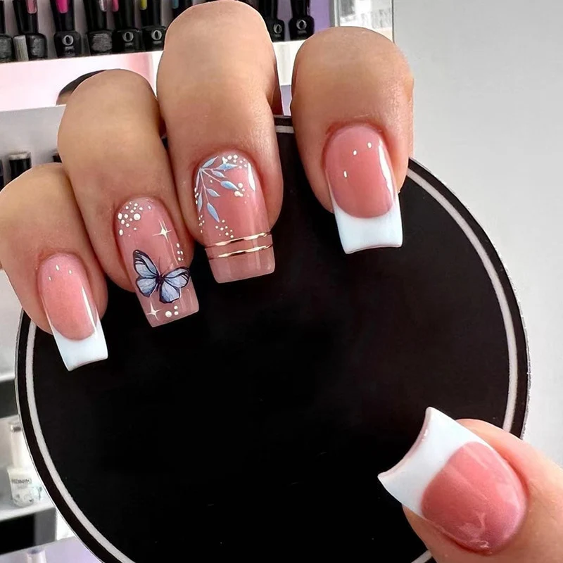 Summer Blue Green Butterfly Nail Art Square False Nails Love Design Fake Nails Fake Fingernails Full Cover Press on Nails 24Pcs - Image 4